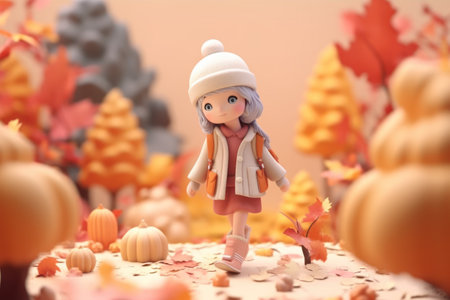 A girl walking in autumn season concept 3d Tiny cute isometric Generative AI.の素材