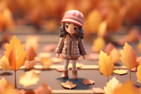 A girl walking in autumn season concept 3d Tiny cute isometric Generative AI.の素材