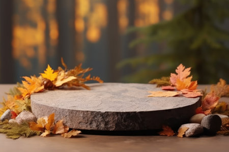 Minimal podium mockup on autumn background. Generative AI.の素材