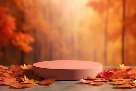 Minimal podium mockup on autumn background. Generative AI.の素材