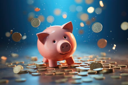 Piggy bank with falling coins. Savings and investment. Generative Ai.の素材