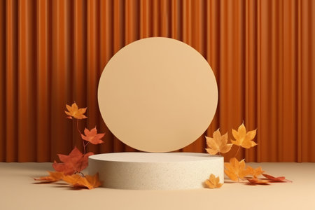 Minimal podium mockup on autumn background. Generative AI.の素材