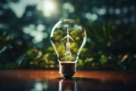 Green eco friendly lightbulb, green energy innovation concept, Generative AI.の素材