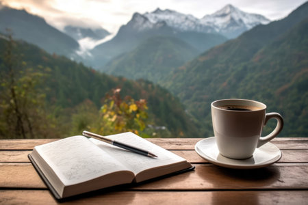 notebook pencil and cup of coffee prepare to write at the balcony and mountain view Generative AI.の素材