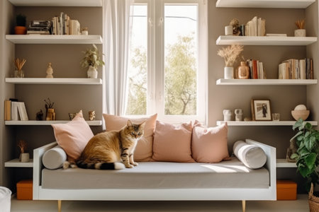 Modern living room interior Cute cat near couch Generative AI.の素材