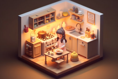 A girl cooking in kitchen room Tiny cute isometric 3D render Generative AI.の素材