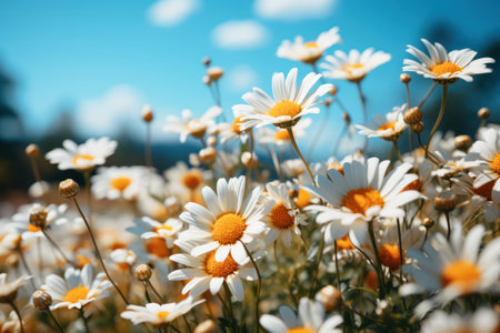 Field of blooming Daisies and blue sky Generative AI.の素材