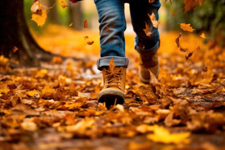Children or human walking in autumn leaves focus leg Generative AI.の素材