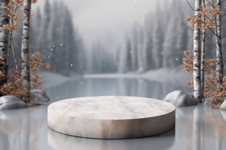 Minimal podium mockup on winter background. Generative AI.の素材