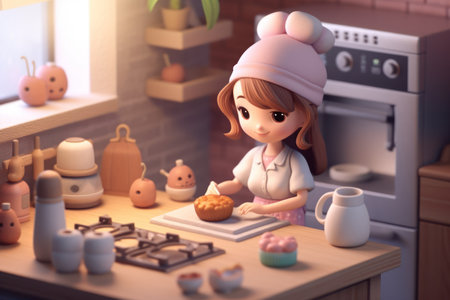 A girl cooking in kitchen room Tiny cute isometric 3D render Generative AI.の素材
