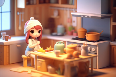 A girl cooking in kitchen room Tiny cute isometric 3D render Generative AI.の素材