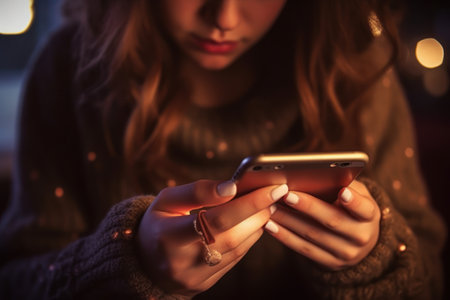 Woman hands viewing social media content on mobile phone Generative AI.の素材