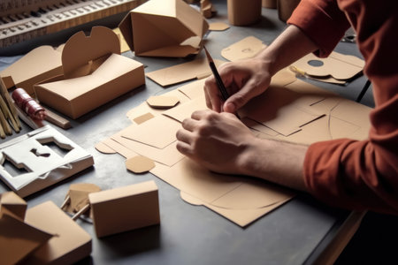 Designer sketching drawing design Brown craft cardboard paper packaging mockup box Generative AI.の素材