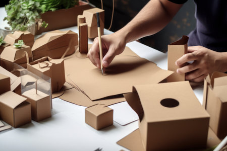 Designer sketching drawing design Brown craft cardboard paper packaging mockup box Generative AI.の素材