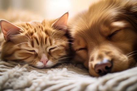 Close up cat and dog together lying Generative AI.の素材