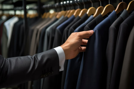 Close-up of Male Hands Plucked Hanger Choosing Suit in a Suit Store Generative AI.の素材