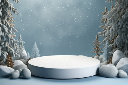 Minimal podium mockup on winter background. Generative AIの素材