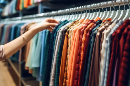 Close up of Female Hands Plucked Hanger Choosing Clothes in a Clothing Store Generative AIの素材