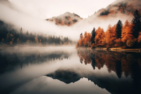 Beautiful autumn mountain nature lake with mist Generative AIの素材