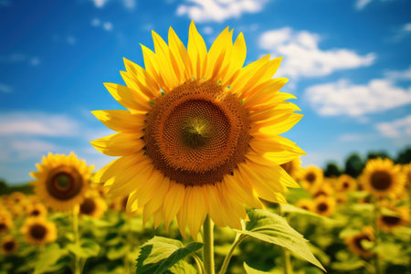 Horizontal photograph of sunflowers in spring as wallpaper with blue sky Generative AIの素材