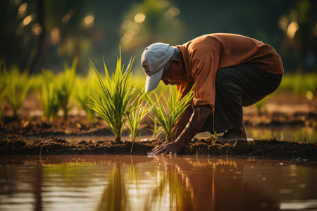 Agriculture of Asia Local Thai farmers are planting rice fields Generative AIの素材