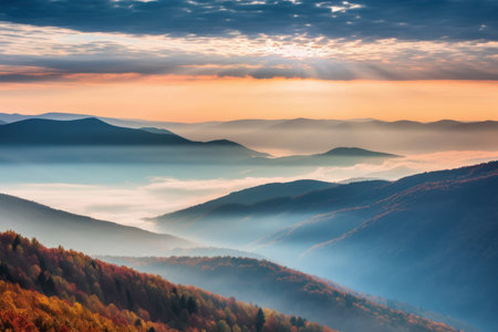 The mountains are covered in a layer of mist and clouds Generative AIの素材