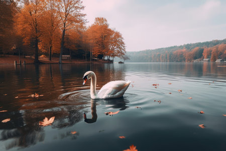 Swans floating on the lake beautiful landscape Generative AIの素材
