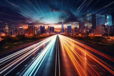 High speed traffic and light trails in highway at twilight Modern city at night Generative AIの素材