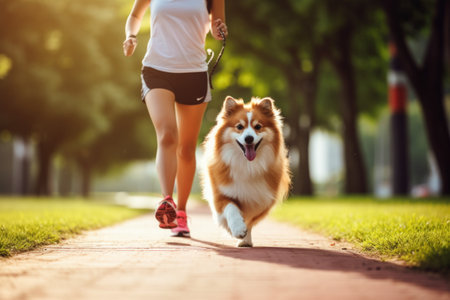 A person jogging with their dog as a fun way to exercise.の素材
