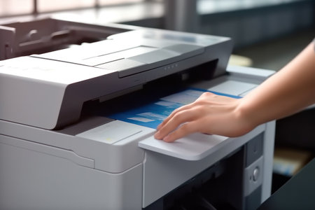 Photo of office's people using multifunction printer.の素材