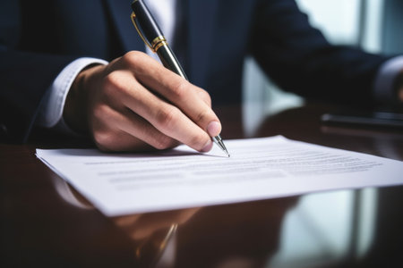 Close up a hand signing the document at the table on office room.の素材