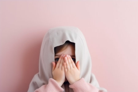 Portrait Little scared or crying or playing bo-peep girl hiding face.の素材