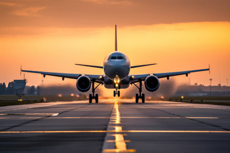 Commercial plane flying over the runway while with blurred backgroundの素材