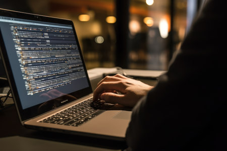 Close up of Computer programmer working on laptopの素材