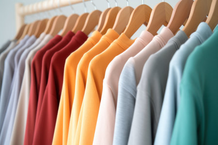 Close up a collection of t-shirts hanging on a clothes hangerの素材