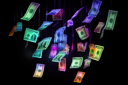 dollar bills falling with Neon colorful backgroundの素材