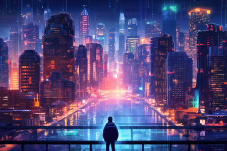 artificial intelligence AI data city with neon light background.の素材