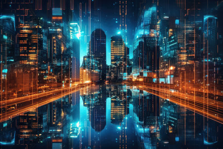 artificial intelligence AI data city with neon light background.の素材