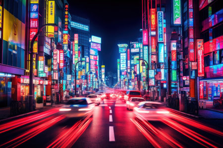 long exposure abstract colorful futuristic night city background.の素材