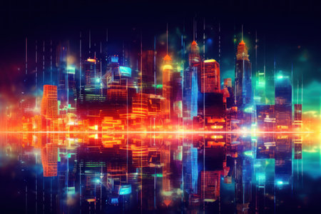 artificial intelligence AI data city with neon light background.の素材