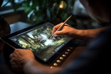 Close up of a Graphic Designer hand drawing on a digital tablet Generative AIの素材