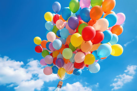 Colorful balloons floating against a clear blue sky, Generative AIの素材