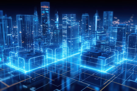 picture of modern city buildings with a blue light, in the style of data visualization.の素材