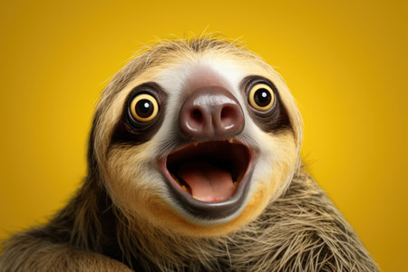 Funny surprised sloth studio shot isolated bright color background.の素材