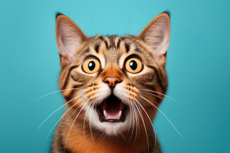 Funny surprised cat studio shot isolated bright color background.の素材