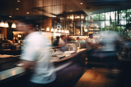 Blur coffee shop or cafe restaurant, Blurred restaurant background with some people.の素材