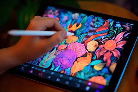 Close up of a Graphic Designer hand drawing on a digital tablet.の素材