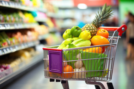 Shopping cart in grocery store full of fruits and vegetables.の素材