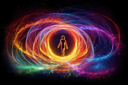 Abstract Neon Psychedelic whirlwind of energy around a person.の素材