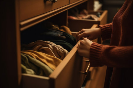 Closeup unrecognizable woman picking clothes from wardrobe, choosing what to wear.の素材
